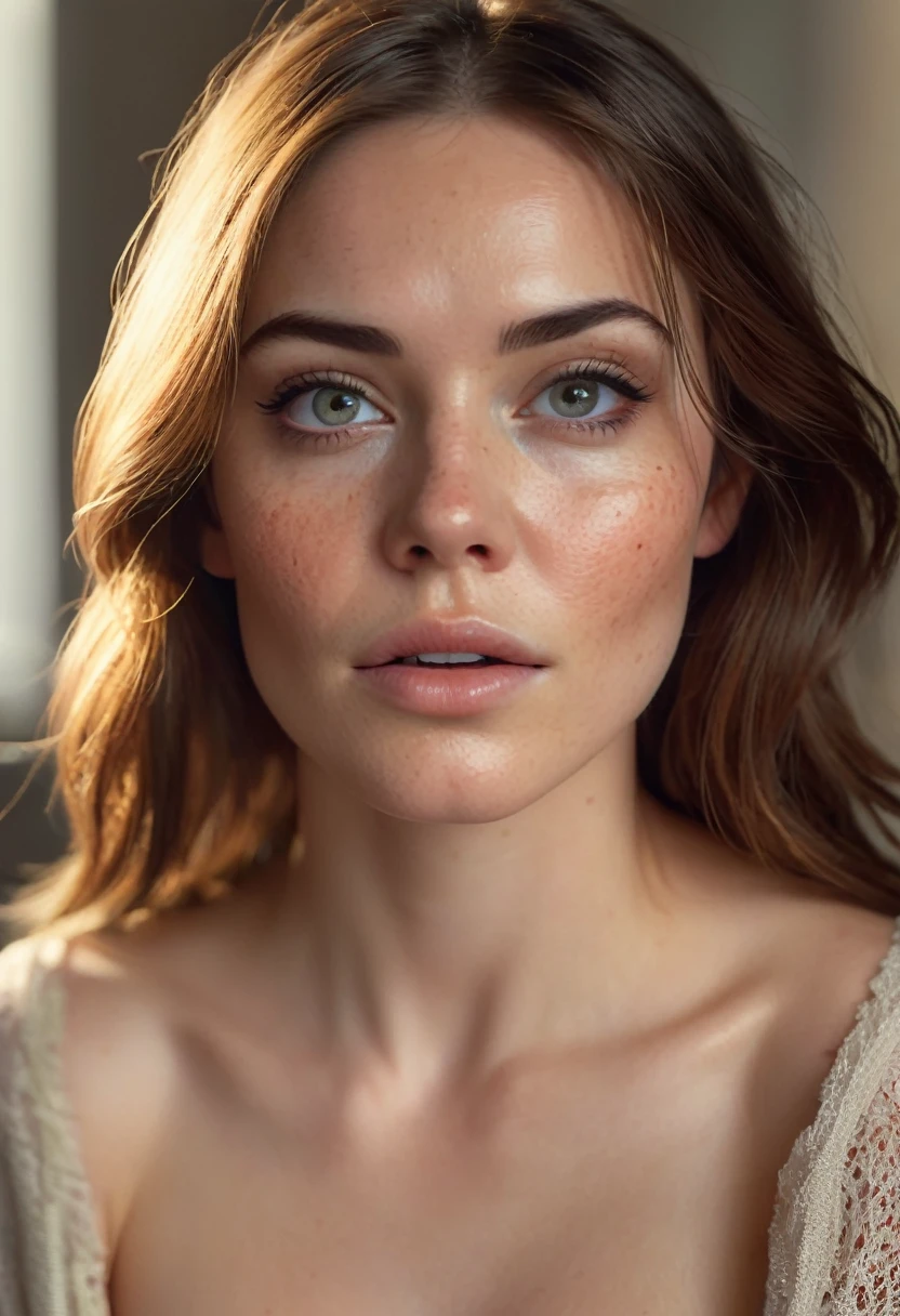 High detail RAW color Photo of pale beautiful 30yo woman ((nude)) (((Amused beautiful, , slim) with angular face, pointed chin, feminine, large eyes)), ((wearing rags, damaged)) cape, realistic, symmetrical, highly detailed, harsh lighting, cinematic lighting, art by artgerm and greg rutkowski and alphonse mucha, ((tornado, sparks, embers)) quad tails, showing breasts, serious eyes, contrast, textured skin, cold skin pores, hasselblad, 45 degree, hard light, gigapixel, feet visible, (flawless face), freckles, (perfect clean shaven vagina)