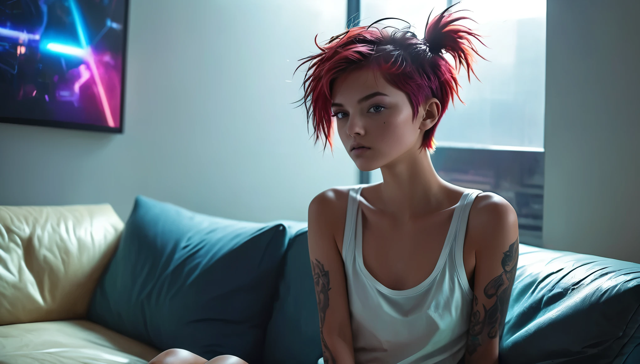 Top Quality, Masterpiece, High Resolution, 8k, ((Teenager, 16 Years Old)), ((tomboy girl in short shiny oversized huddie with plunging neckline under the armpits und satin shorts, side boob, wide neckline, deep neckline, thin collar)), (bare belly, small perky breasts, detailed face, detailed eyes, detailed thin eyebrow, detailed lips, small hips, no makeup, beauty spot, some tattoos), ((tomboy, Tomboy Style, tomboyish)), (short messy hair, red), (((in a cyberpunk apartment, on the couch, playing a video game, moody atmosphere, very dimm light, dramatic and neon colors, futuristic setting, intricate details, at night, random pose, neon colors))), full body view, cyberpunk atmosphere