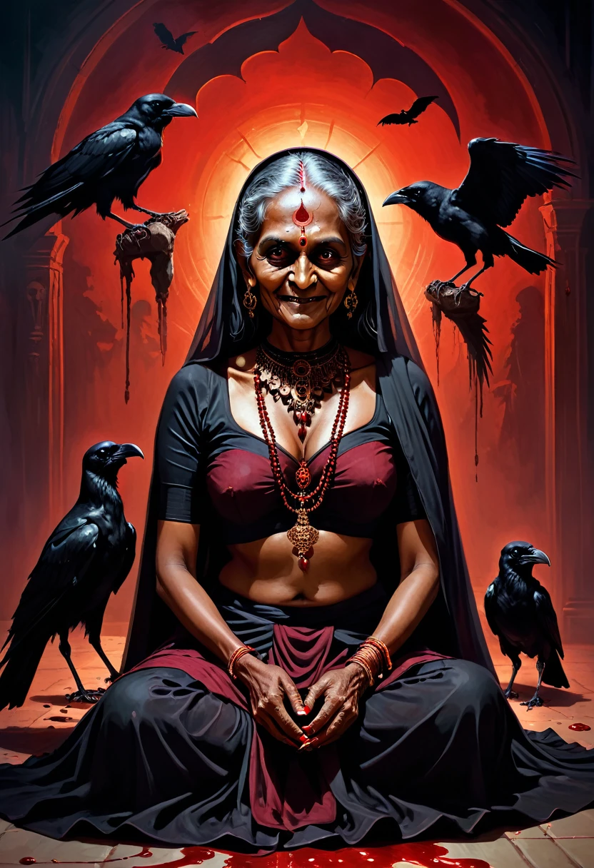 ((painting style)) (full body)(sitting on floor) (dark red ambience) (doing black magic creatures) (a cruel smile on her face) (scary ambience) A terrifying old Indian woman tantrik priest, piercing dark eyes, holding ominous black magic instruments, wearing a black saree, sitting and performing dark rituals, detailed eyes, cruel face, haunting atmosphere, chiaroscuro lighting, dark and moody colors, gothic horror, skull, blood, crows, intricate details, cinematic composition, dramatic shadows,