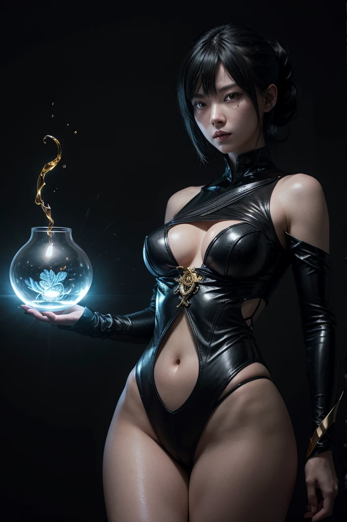 liang xing style a sarada death note bright winter clothes holds in her hands a glass vessel with adaga magic in it, the folhas negras glow with a magical gold black light, an aura of black darck magic, the dark petalas de rosas style, pronounced lines of the design, an atmosphere of mysticism, concept art, soft, sharp focus, illustration, , high definition digital art, dramatic lighting, high quality ,(action pose ),pronounced contour pattern