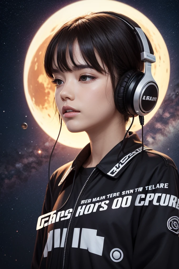 Create a logo with a planet, earphone. Music record company, The troop house