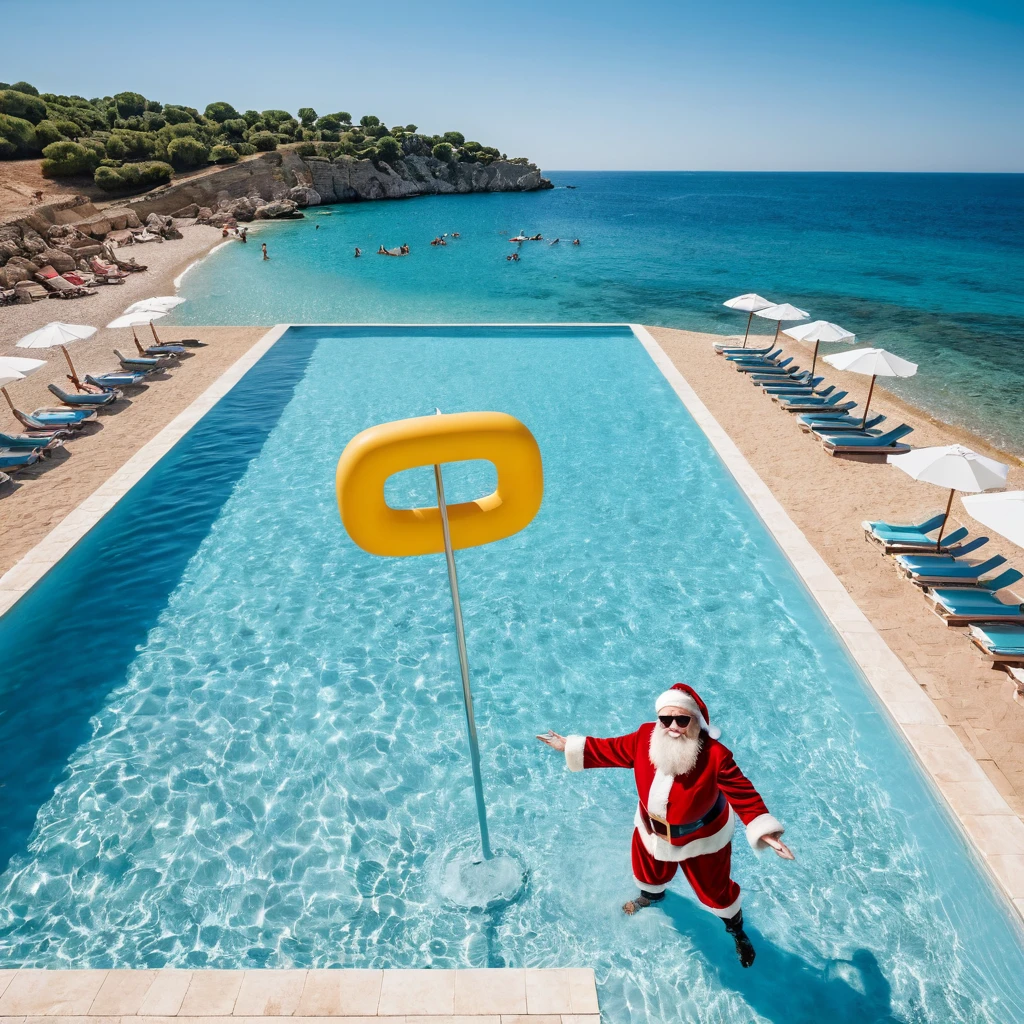 Captures an image from different angles of a very large pool in which there are white rectangular signs floating on the water without any text, all the same and of the same size and in the center of the pool there is a fat and smiling Santa Claus floating in the water bathing with sunglasses and very happy, everything takes place under a radiant sun on a Mediterranean beach with impressive lighting for a perfect shot. professional photography, 8k, RAW photo, The best quality, Masterpiece, photorealistic, Highly detailed, cinematic lighting, sharp focus, réflex digital, high resolution, photorealistic, 