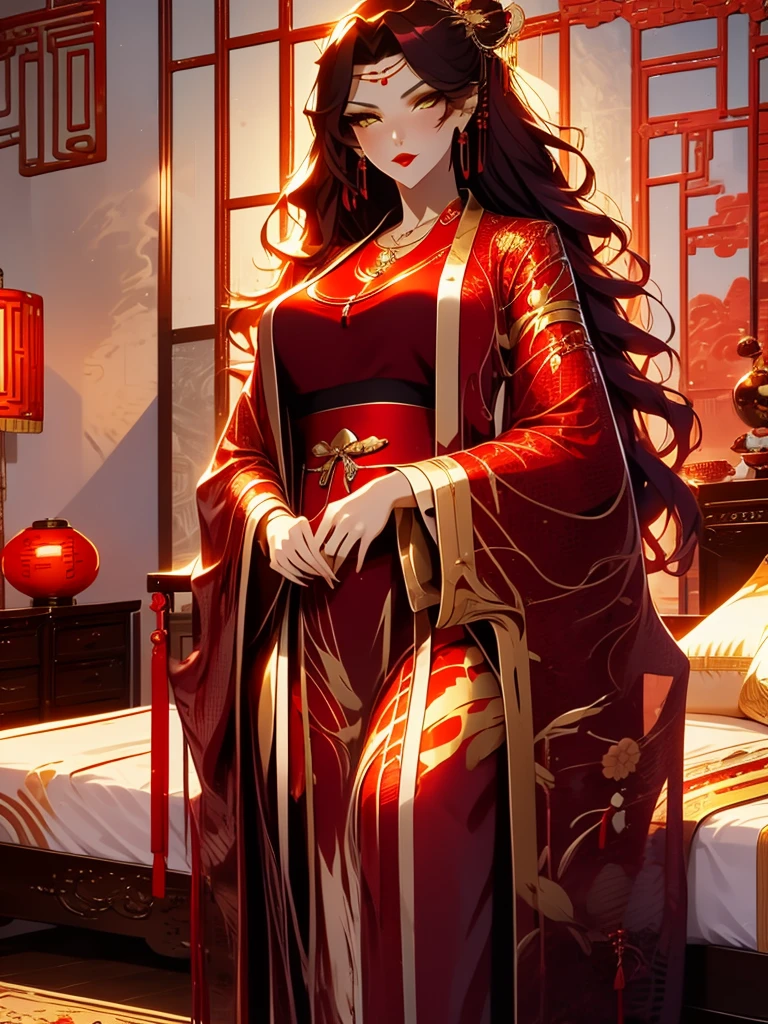 score_9, score_8_up, score_7_up, score_6_up, score_5_up, score_4_up, Xian Mei, Golden Eyes, Red Curly Hair, Large, chinese traditional red wedding dress, Necklace, Drop Hanging Earrings, Long Earrings, Red Lipstick, Detailed Eyes, Bare Feet, Hair Buns, Chinese Style Bedroom, Traditional Wear, Sexy Attractive, Hot Black Fur Robe, Middle Aged, Traditional