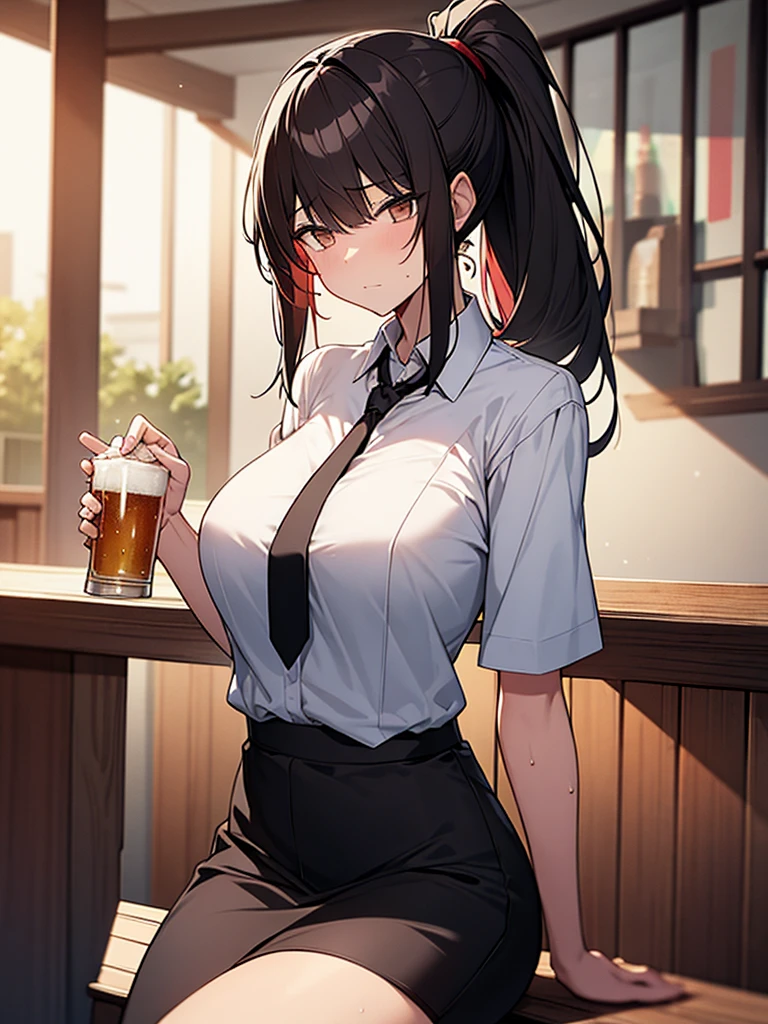 1. Tall woman, pub, sitting on wooden chair, gloomy expression, shadow on forehead, drunk, very red face, sweat, rolling eyes, beer in a large mug White collared short sleeve shirt No tie Black skirt, short black hair, ponytail:1.9 Straight hair, bangs swept to the side:1.9. Slanted eyes, brown eyes, tall, strong-willed, beautiful Big breasts