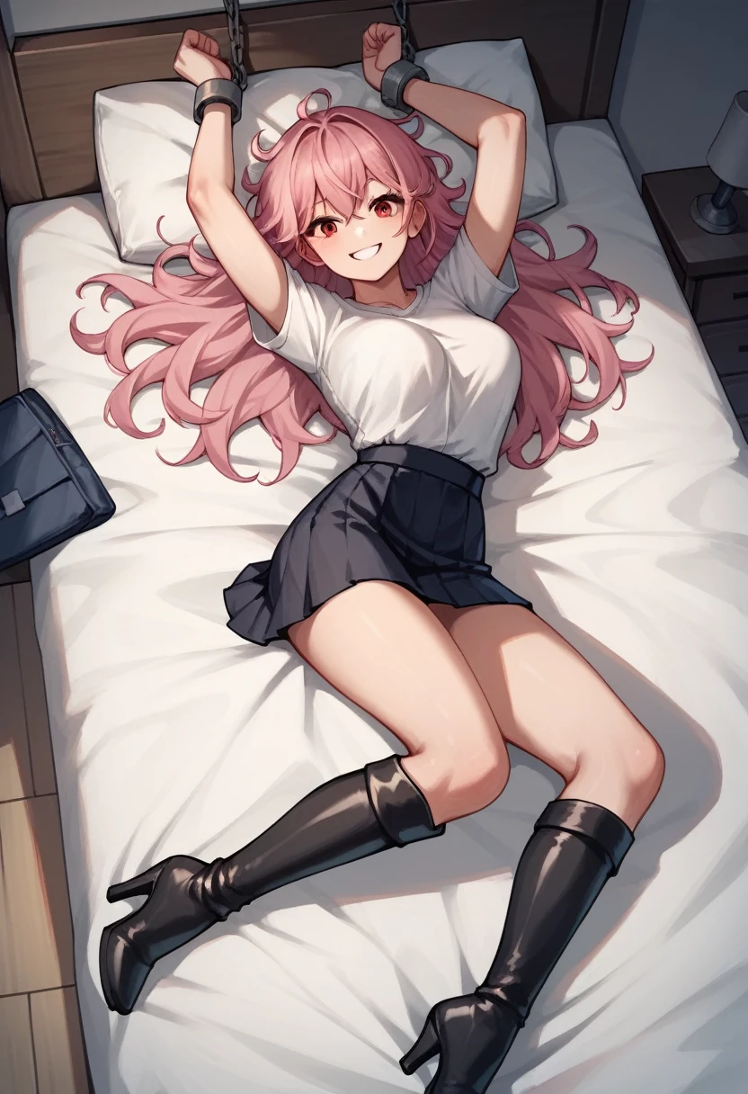 score_9, score_8_up, score_7_up, score_6_up, score_5_up, score_4_up, source_anime, 1girl, to call to yourself, bed, she was lying down, pink hair, long hair, red eyes, shackles, raise arms, smile, messy hair, white shirt, bracelets, skirts, black thigh high boots, heels, room, night, windows, best quality, best res, 4K UHD,
 