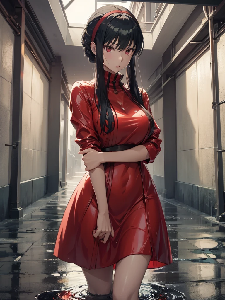 Yor foger form spy x family anime, 1woman, wearing a wet red colour dress, little transparent due to rain water, standing at rain, wet clothes , yor's hair style, 8k, high detailed, high quality