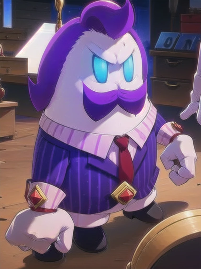 haltmann, purple hair, purple mustache, arms, wearing a dark blue suit with pink vertical lining, pink shirt, red tie, black shoes, gold suit button with a red diamond, pale purple gloves, pink cuffs, pale purple skin, blue eyes, golden earpiece with antenna, in a office, in the galaxy 