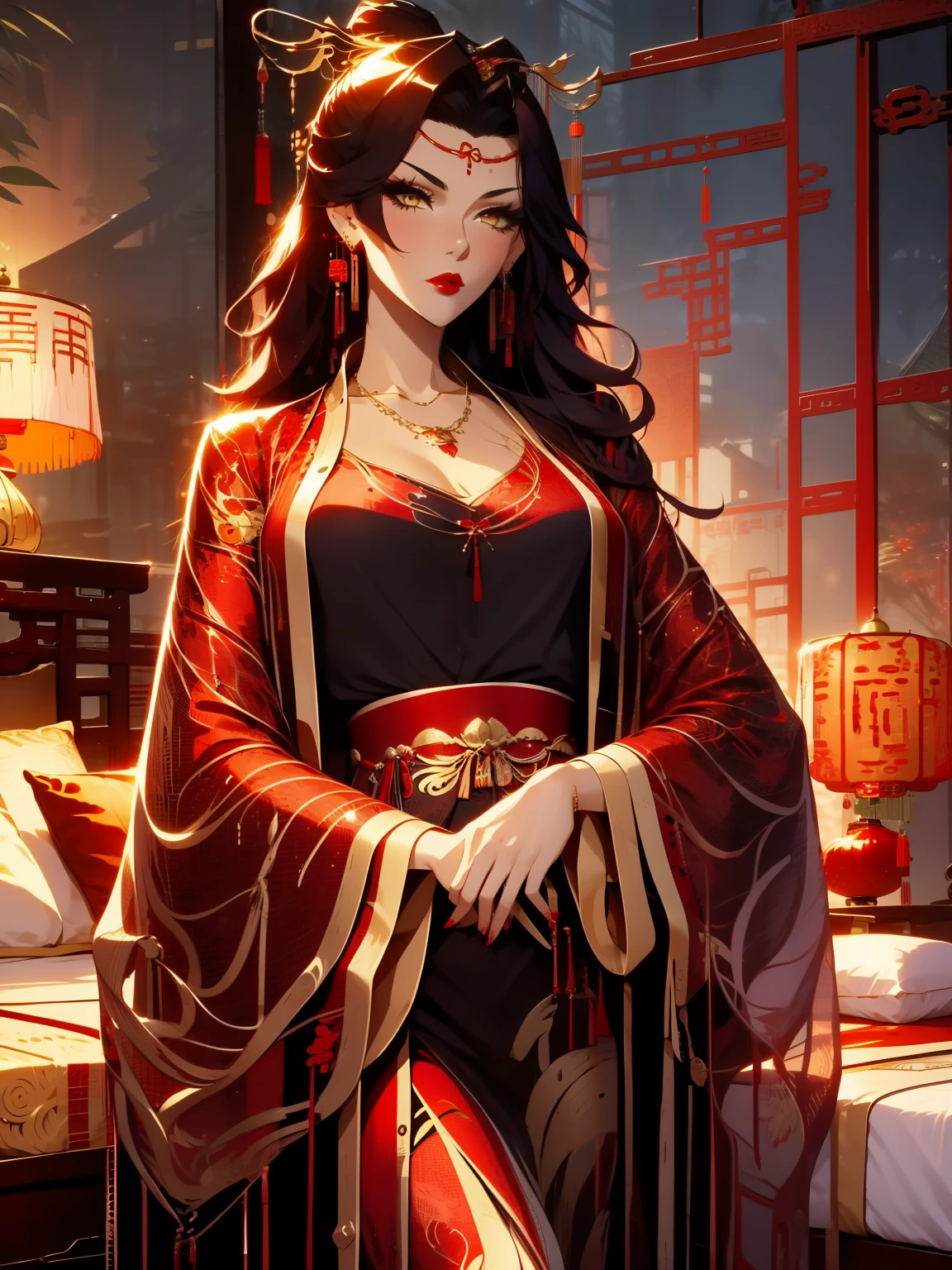 score_9, score_8_up, score_7_up, score_6_up, score_5_up, score_4_up, Xian Mei, Golden Eyes, Red Curly Hair, Large, chinese traditional red wedding dress, Necklace, Drop Hanging Earrings, Long Earrings, Red Lipstick, Detailed Eyes, Bare Feet, Hair Buns, Chinese Style Bedroom, Traditional Wear, Sexy Attractive, Hot Black Fur Robe, Middle Aged, Traditional
