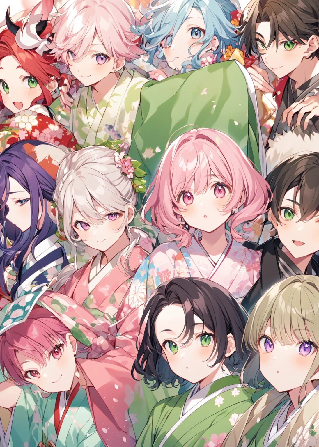 Close-up of a person wearing a kimono and floral print., Haruno Sakura, Famous Makinami, Shirabii, แฟนอาร์ต Demon Slayer Rui, Sakura Haruno in Sage Mode, Wear pink and green robes., Misato Katsuragi, Megumu Okada, Kimetsu no Yaiba