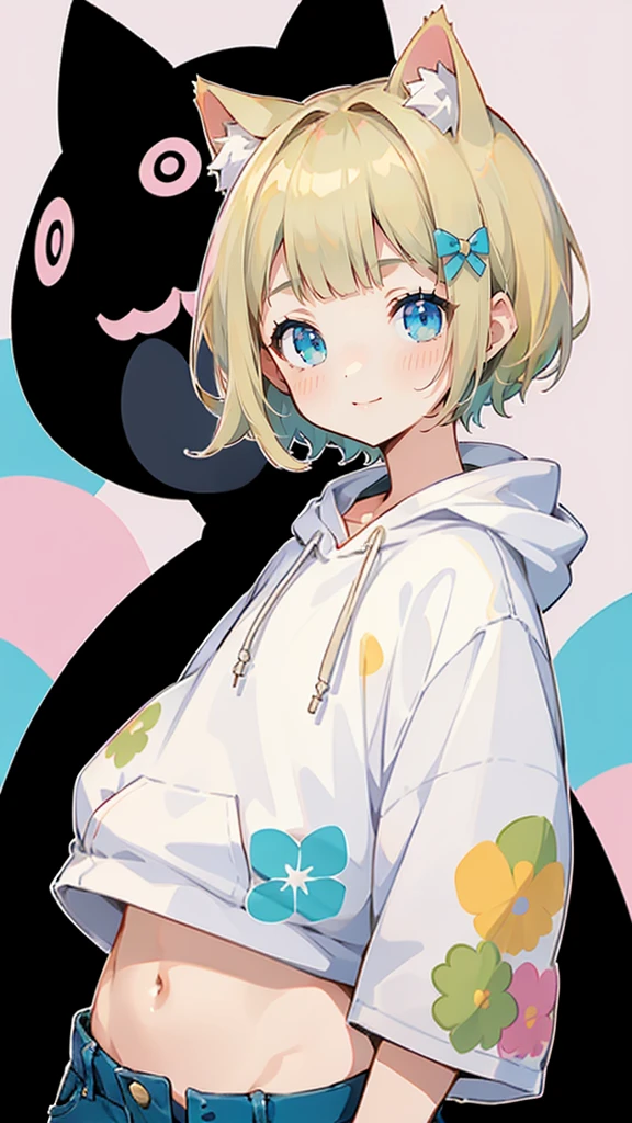 Short sleeve、Denim shorts、Belly button、Blonde Hair、ピンク色のShort sleeveパーカー、大きなFlower Hair Ornaments、Belly button、An unprecedented number of draws、Flower Hair Ornaments、Floral Hair Accessories、Blonde、Cat ear、ピンク色のShort sleeveパーカー、high quality、Colorful color palette、high resolution、pretty girl、 Pink hoodie、An unprecedented number of draws、Anime Style、Geometric background、Sticker Style、short hair、Blonde、Turquoise Eyes, Messy Hair, Pink hoodie、髪と同じ色のCat ear、front, Hands posing, Until death, Bondage, Baggy clothes