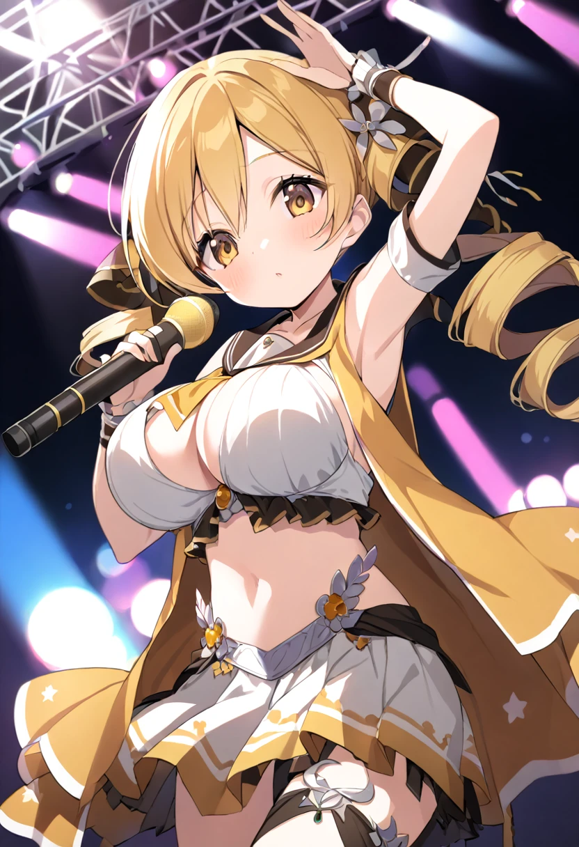 mami tomoe, blonde hair, Twin drill hair, yellow eyes, , 1girl ,live stage, Big Breasts,　school uniform solo face up