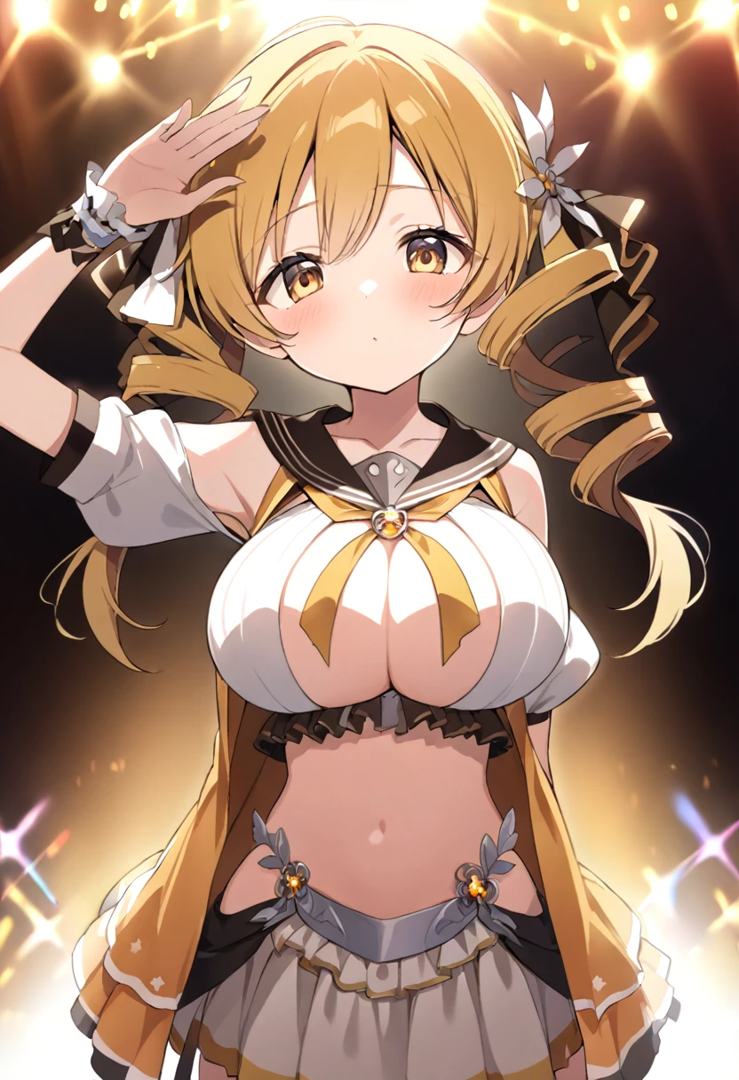 mami tomoe, blonde hair, Twin drill hair, yellow eyes, , 1girl ,live stage, Big Breasts,　school uniform solo face up