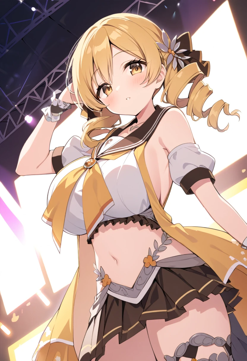 mami tomoe, blonde hair, Twin drill hair, yellow eyes, , 1girl ,live stage, Big Breasts,　school uniform solo face up