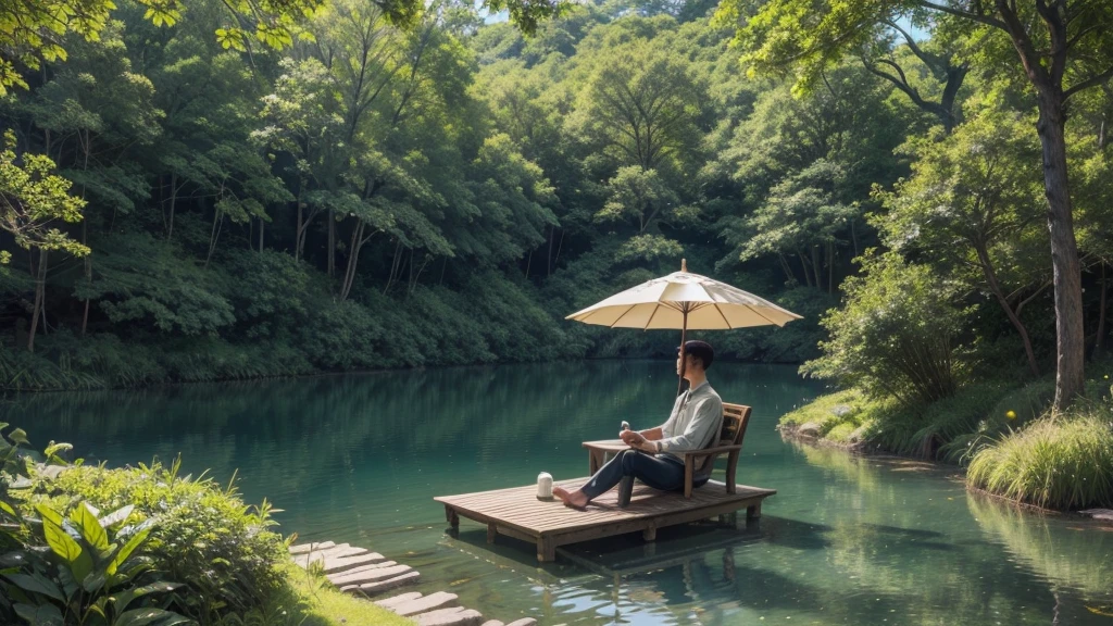 Create a stunning, highly detailed painting-style image featuring a man seated beneath a parasol by the edge of a serene, lush green lake. Capture the essence of a tranquil afternoon with vivid colors and intricate textures in the landscape. Ensure the composition conveys a sense of peace and natural beauty, highlighting the play of light on the water and the surrounding foliage. The man should be depicted in a relaxed posture, enjoying the scenic view, with the parasol casting a gentle shadow. Emphasize realism and richness in every aspect of the scene to evoke a serene and idyllic atmosphere.