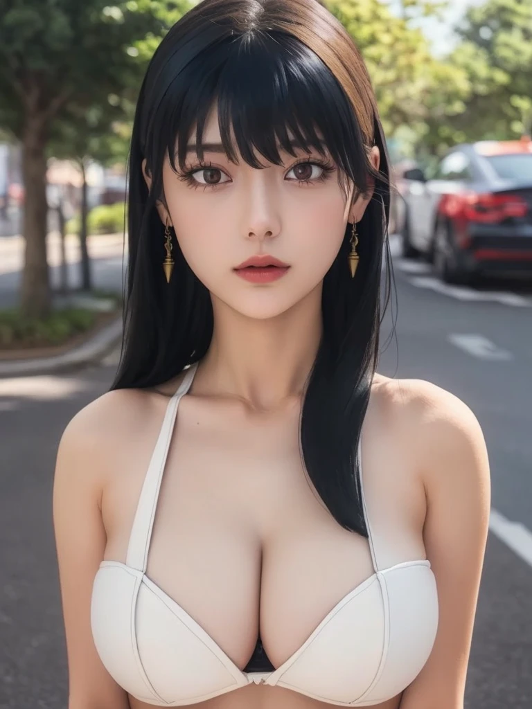 (Best quality, 8k, Masterpiece :1.3), (realistic, photorealistic: 1.37), (1girl), (slim), (Japanese), (random pose), (long hair, random hairstyle), (outdoors), (Ultra-detailed face), (Detailed eyes), (Double eyelids), (eyeshadow intensifying), (many eyelashes), (professional lighting), (photon mapping), (radiosity), (looking directly at viewer), (full bodyesbian), (legs are open), (With a cropped T-shirt), (Slim figure), (Slim girl model), (25 years old female model), (gigantic cleavage breasts) (No bra, No top, Bare chest), (nipple on breast), (naked) 