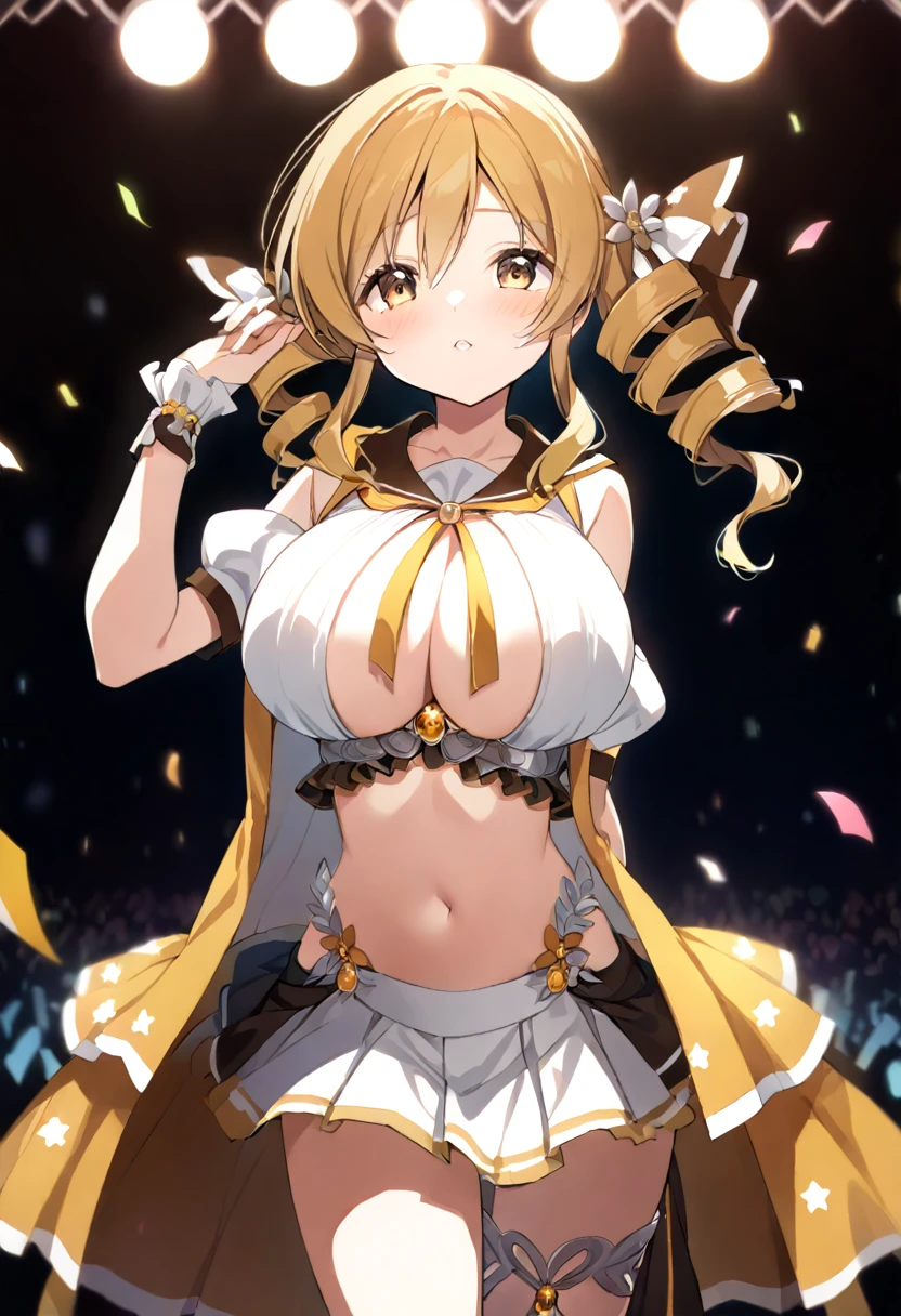 mami tomoe, blonde hair, Twin drill hair, yellow eyes, , 1girl ,live stage, Big Breasts,　school uniform solo face up