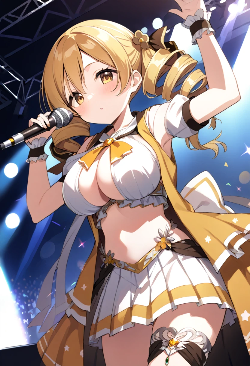 mami tomoe, blonde hair, Twin drill hair, yellow eyes, , 1girl ,live stage, Big Breasts,　school uniform solo face up