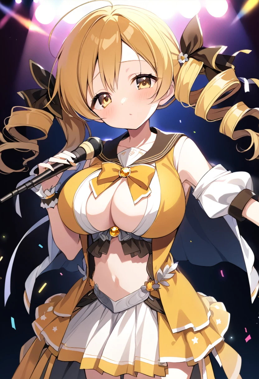 mami tomoe, blonde hair, Twin drill hair, yellow eyes, , 1girl ,live stage, Big Breasts,　school uniform solo face up