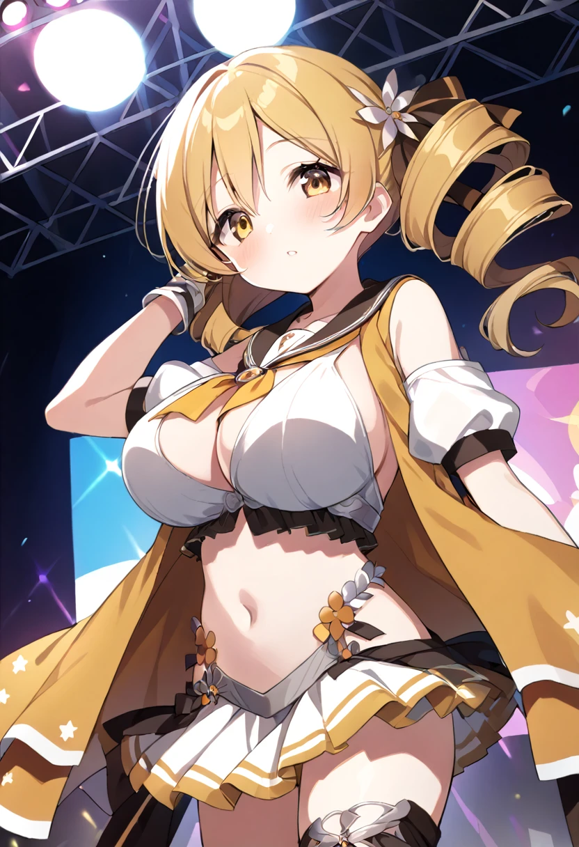 mami tomoe, blonde hair, Twin drill hair, yellow eyes, , 1girl ,live stage, Big Breasts,　school uniform solo face up