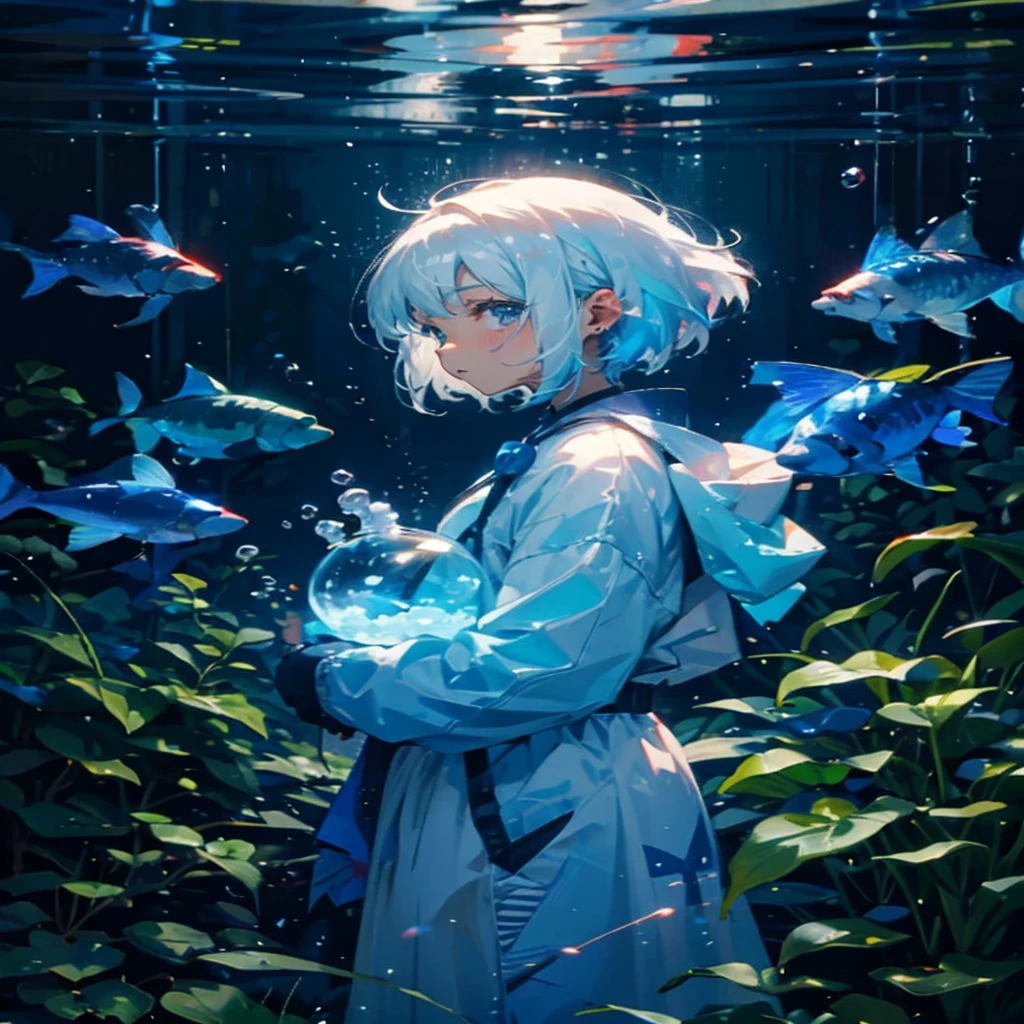  with short white hair，Colored Bubbles，A plant，Bright small fish，Sparkling wine，blues colors，It&#39;s by the sea，Masterpiece artwork，4K