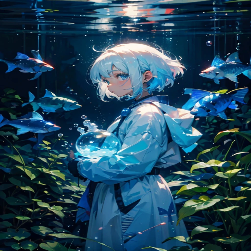  with short white hair，Colored Bubbles，A plant，Bright small fish，Sparkling wine，blues colors，It&#39;s by the sea，Masterpiece artwork，4K