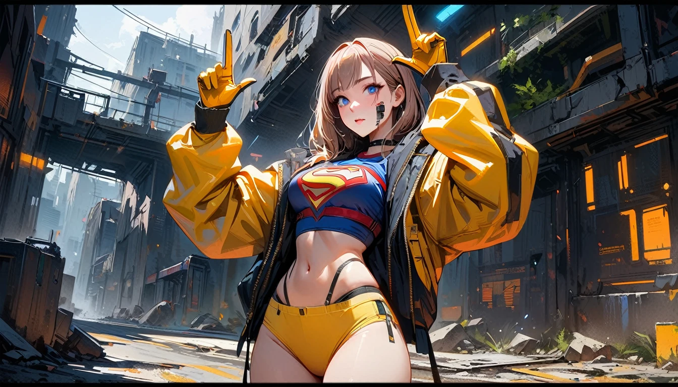(La Best quality,a high resolution,Ultra - details,valid),Ariana Grande , portrait, (DC Zombies Supergirl:1.4 ) , (biomechanical yellow :1.4 ) , complex robot, full height, hyperrealistic, crazy little details, Extremely clean lines, (cyberpunk aesthetic) , (masterpiece presentada en Zbrush Central) , brutalist gothic cathedral, cyberpunk, Photo, award winning, hips, neon lights, cyber participant, (Cowboy pose) ,More detailed 8K.unreal engine:1.4,uhd,La Best quality:1.4, Photoреалистичный:1.4, skin texture:1.4, masterpiece:1.8,First job, Best quality,Объект Object], (detailed facial features:1.3), (chemical laboratory ruins background:1.4 ), (cyberpunk 2.1), (Convex detailed fingers), (Ideal ???????), (beautiful blue eyes),( yellow underwear) 