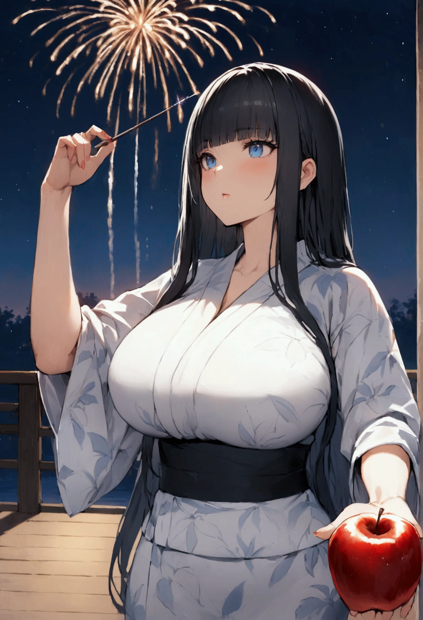 Hime cut with long black hair、Full-body illustration of a girl with straight bangs and blue eyes、Have big breasts、Wearing a yukata、Watching fireworks、I have an apple candy in my hand