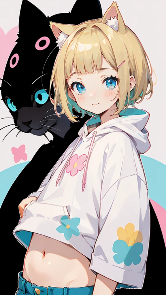 Short sleeve、Denim shorts、Belly button、Blonde Hair、ピンク色のShort sleeveパーカー、大きなFlower Hair Ornaments、Belly button、An unprecedented number of draws、Flower Hair Ornaments、Floral Hair Accessories、Blonde、Cat ear、ピンク色のShort sleeveパーカー、high quality、Colorful color palette、high resolution、pretty girl、 Pink hoodie、An unprecedented number of draws、Anime Style、Geometric background、Sticker Style、short hair、Blonde、Turquoise Eyes, Messy Hair, Pink hoodie、髪と同じ色のCat ear、front, Hands posing, Until death, Bondage, Baggy clothes