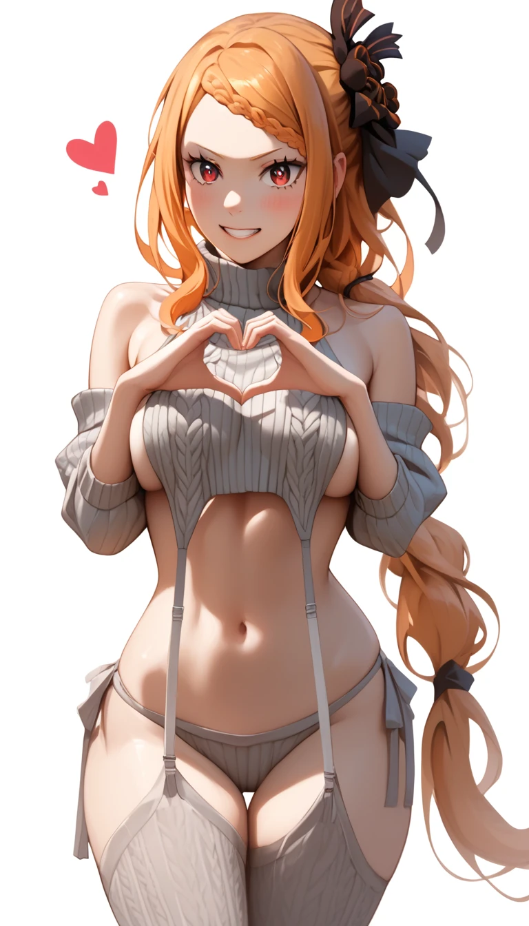 score_9, score_8_up, score_7_up, score_6_up, score_5_up, score_4_up, uncensored, Priscilla Barielle, orange hair, red eyes, braided bangs, braid, hair bow, BREAK (masterpiece:1.2), best quality, high resolution, (detailed eyes:1.3), perfect lighting, (perfect hands, perfect anatomy), large breasts, standing, virgin_destroyer_sweater, heart hands, embarrassed, clenched teeth, backyard 