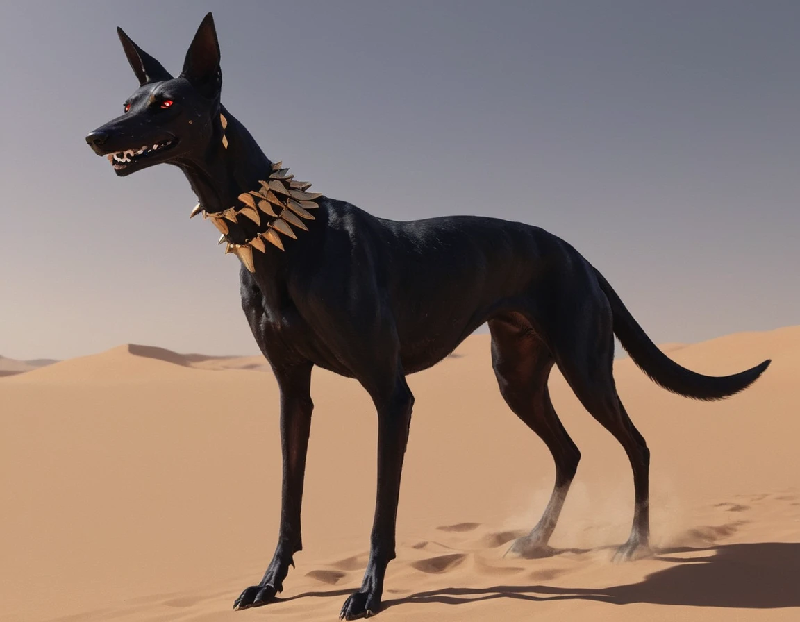 full body portrait of a realistic  black jackal, anubis, pharaoh hound, silken windhound hybrid beast, red eyes, trotting motion, mysterious desert scenery, full body, cinematic, render, 8k, unreal engine, realistic, masterpiece, high detail, full body, low life, extremely intricate, extreme detail, volumetric lighting