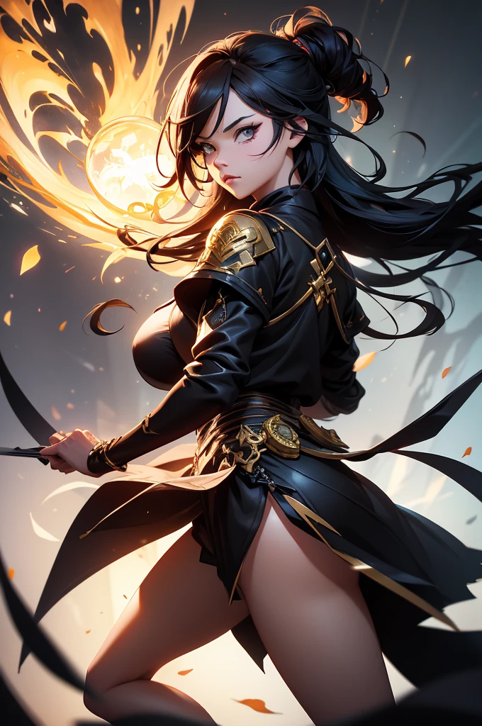 liang xing style a sarada death note bright winter clothes holds in her hands a glass vessel with adaga magic in it, the folhas negras glow with a magical gold black light, an aura of black darck magic, the dark petalas de rosas style, pronounced lines of the design, an atmosphere of mysticism, concept art, soft, sharp focus, illustration, , high definition digital art, dramatic lighting, high quality ,(action pose ),pronounced contour pattern
