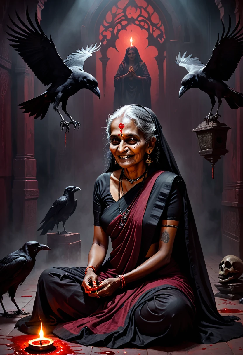 ((painting style)) (full body)(sitting on floor) (dark red ambience) (doing black magic creatures) (a cruel smile on her face) (scary ambience) A terrifying old Indian woman tantrik priest, piercing dark eyes, holding ominous black magic instruments, wearing a black saree, sitting and performing dark rituals, detailed eyes, cruel face, haunting atmosphere, chiaroscuro lighting, dark and moody colors, gothic horror, skull, blood, crows, intricate details, cinematic composition, dramatic shadows,