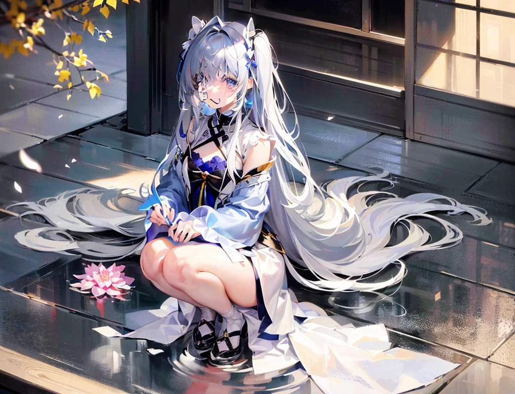 雨のなかのGray Hairの可愛いbeautiful girl、(Beautifully detailed eyes and face、masterpieceのサイドライティング、masterpiece、Highest quality、Detailed high resolution illustrations)、(1 girl、whole body、Gray Hair、beautiful girl、Shiny skin、Look down、Watching the viewer)