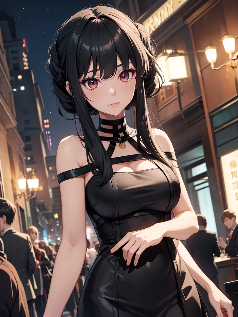 Yor foger form spy x family anime, 1woman, wearing a short style black colour party frock, at a night party, yor's hair style, 8k, high detailed, high quality