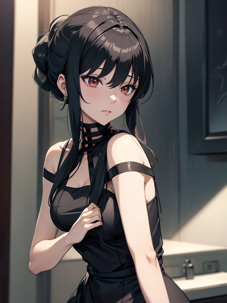 Yor foger form spy x family anime, 1woman, wearing a short style black colour party frock, at a night party, yor's hair style, 8k, high detailed, high quality