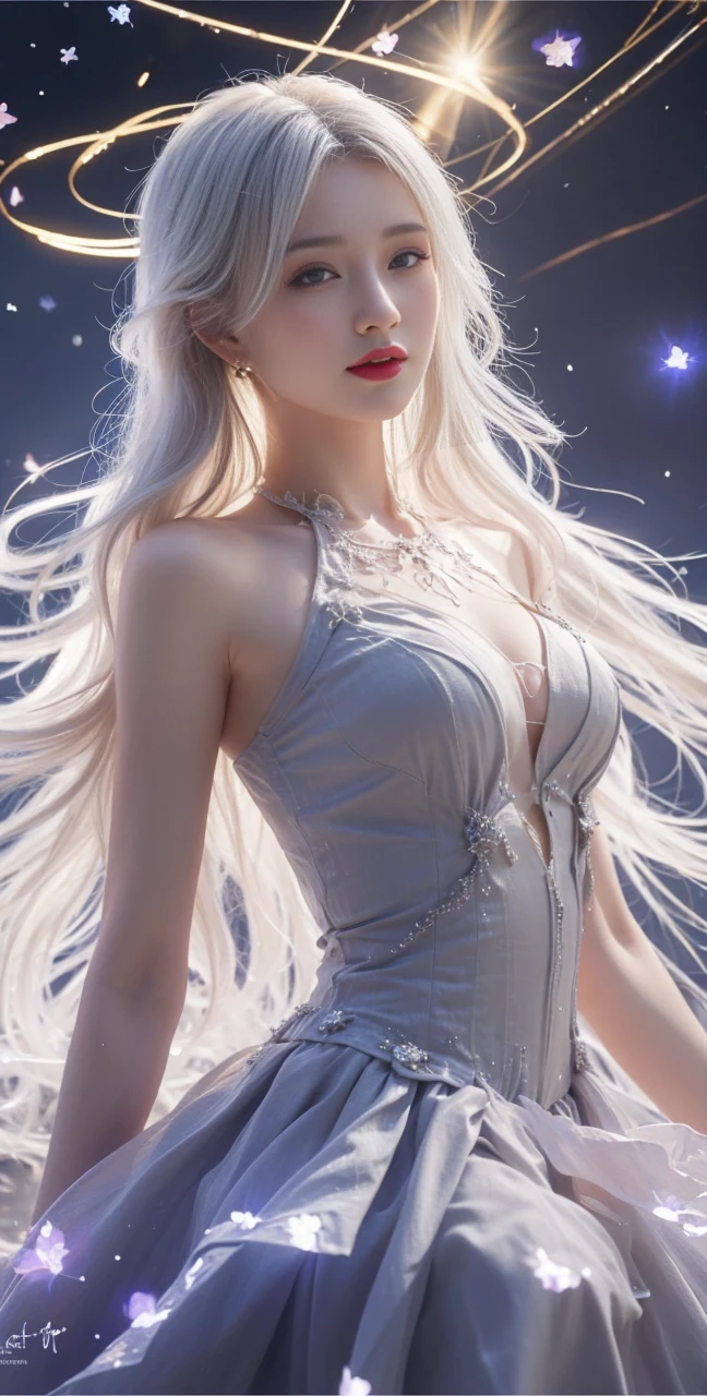 best quality, tmasterpiece,Ultra-high resolution,Clear face,（Reality：1.4），ferpect lighting，(upper body shot), (photorealistic:1.50), anime wallpaper, Guviz style artwork, cover-up fantasy up to magic , by Yang J, Guviz, beautiful artwork illustration, beautiful digital artwork, beautiful digital illustration, Li Song, beautiful anime portrait, art style in Beauvot, Lips wear thick red lipstick,(smille 1:1)