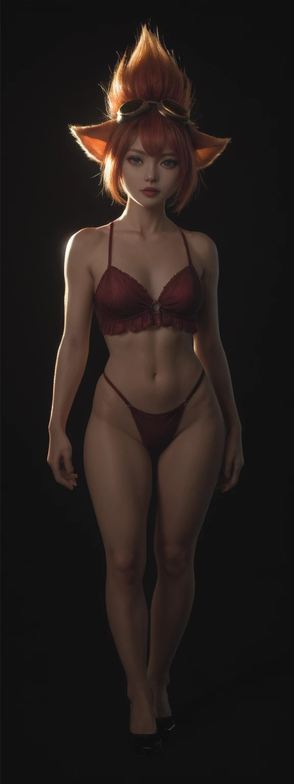 realistic, score_9, score_8_up, score_7_up, score_6_up,
1girl, solo, from front, full body, Teemo \(league of legends\), black background, makeup, sidelighting, backlighting, glowing,