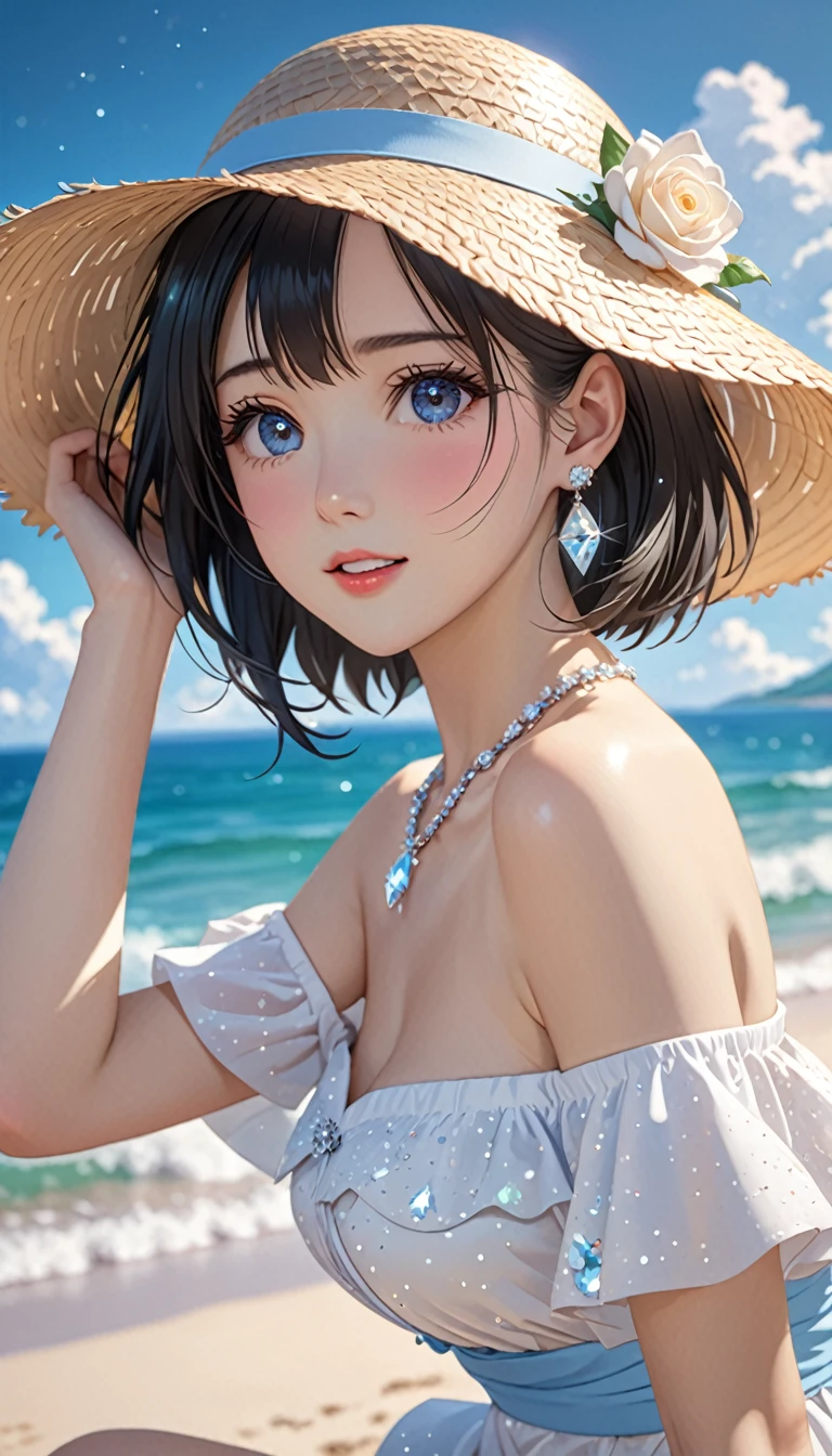 National Science Foundation,masterpiece,High resolution,8k,Art,digit,Three-dimensional,Realism,Kyoto Animation Style,your name movie style,looking into camera,cute,On the scenic beach,(1 girl: 1.3),(alone: 1.4),(Gorgeous off-the-shoulder dress),(Swarovski crystals on dress),Put your hands behind your head,White Rose Summer Sunshade Straw Hat,white crystal necklace,White crystal earrings,Black hair,Long eyelashes,Slender legs,Short Bob,Close-up of upper body,Close-up,(Close up),Eyes as deep as the starry sky,shy,blush,open mouth
