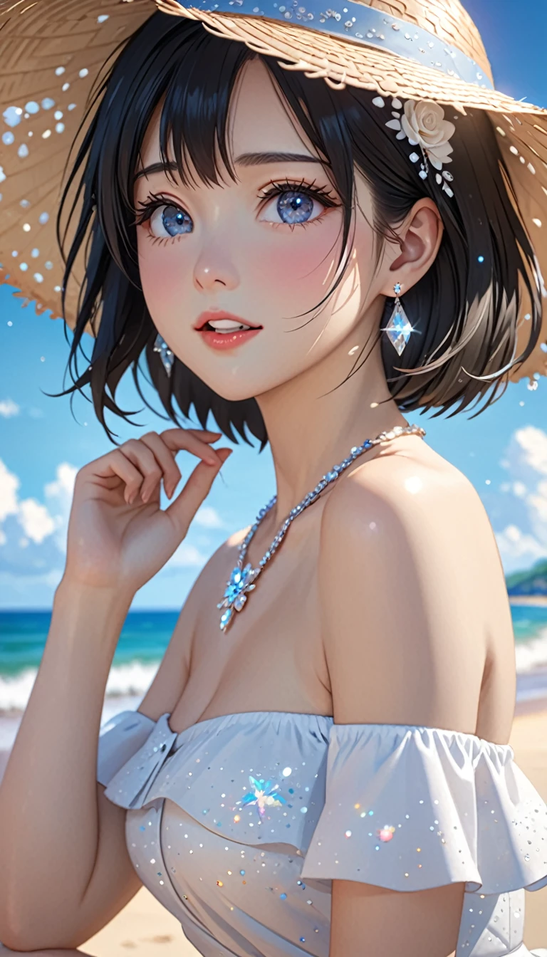 National Science Foundation,masterpiece,High resolution,8k,Art,digit,Three-dimensional,Realism,Kyoto Animation Style,your name movie style,looking into camera,cute,On the scenic beach,(1 girl: 1.3),(alone: 1.4),(Gorgeous off-the-shoulder dress),(Swarovski crystals on dress),Put your hands behind your head,White Rose Summer Sunshade Straw Hat,white crystal necklace,White crystal earrings,Black hair,Long eyelashes,Slender legs,Short Bob,Close-up of upper body,Close-up,(Close up),Eyes as deep as the starry sky,shy,blush,open mouth