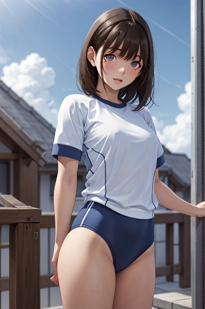 masterpiece, best quality, highres, aanene, short hair, buruma,gym uniform, standing, cowboy shot, outdoors, ahegao,nsfw,