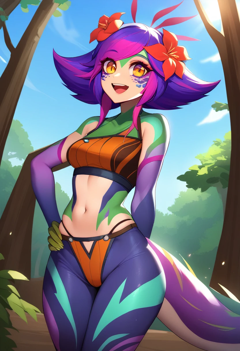 work of art, best qualityer, 1 girl, (realisitic:0.2) Neeko, colored fur, multicolored hair, hair ornament, hair flower, necklase, brown crop top, tummy, shorts marrons, g-string, lizard tail, facial mark, trunk, :d, woods, looking ahead at viewer, blue sky, incredibly tight outfit, very small clothes, tiny outfit