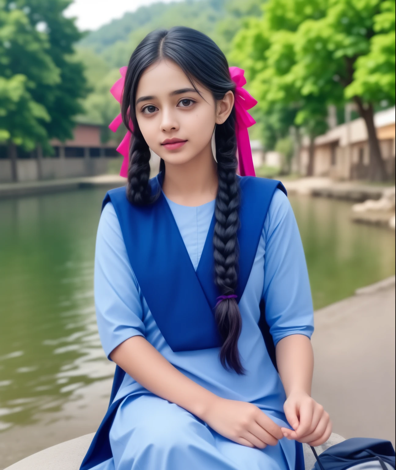 Raw photo , 1 girl  ,Wearing  salwar kameez uniform, teen school girl, with plait , professional photographer, (hdr:1.4), masterpiece, ultra-realistic 8k, perfect artwork, intrincate details, cute face, award winning photograph, (Best quality, 8k, 32k, Masterpiece, UHD:1.3) 