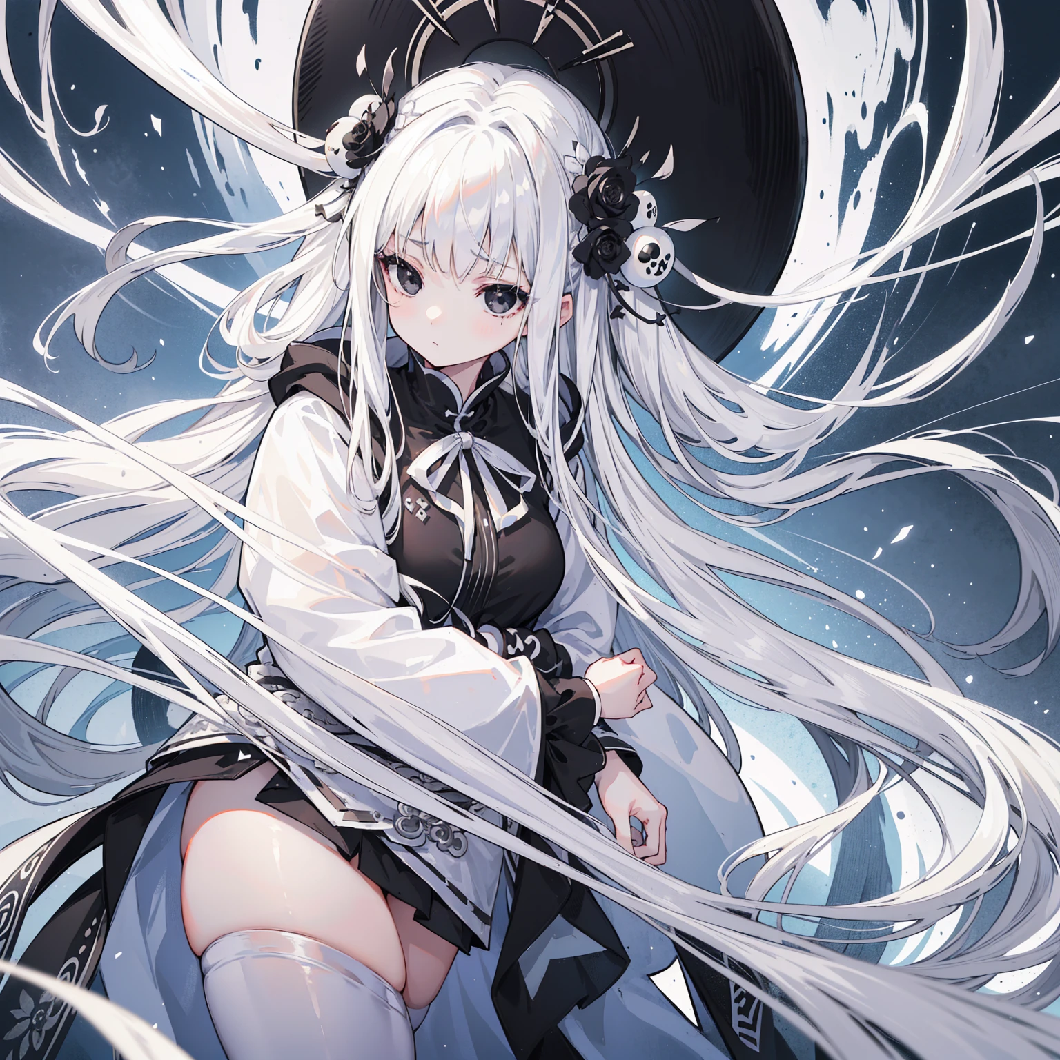 (Top image quality)、(Very detailed)、(Facing forward)、Top quality、masterpiece、(((1 girl )))、Silver Hair、White hair、((Long hair))、Weaving、(black eyes:1.6)、(White and black cheongsam)、Hooded dress、Lots of decorations、Lots of ribbons、White Ribbon、She looked grim.、Fluffy loose hair、Hanfu