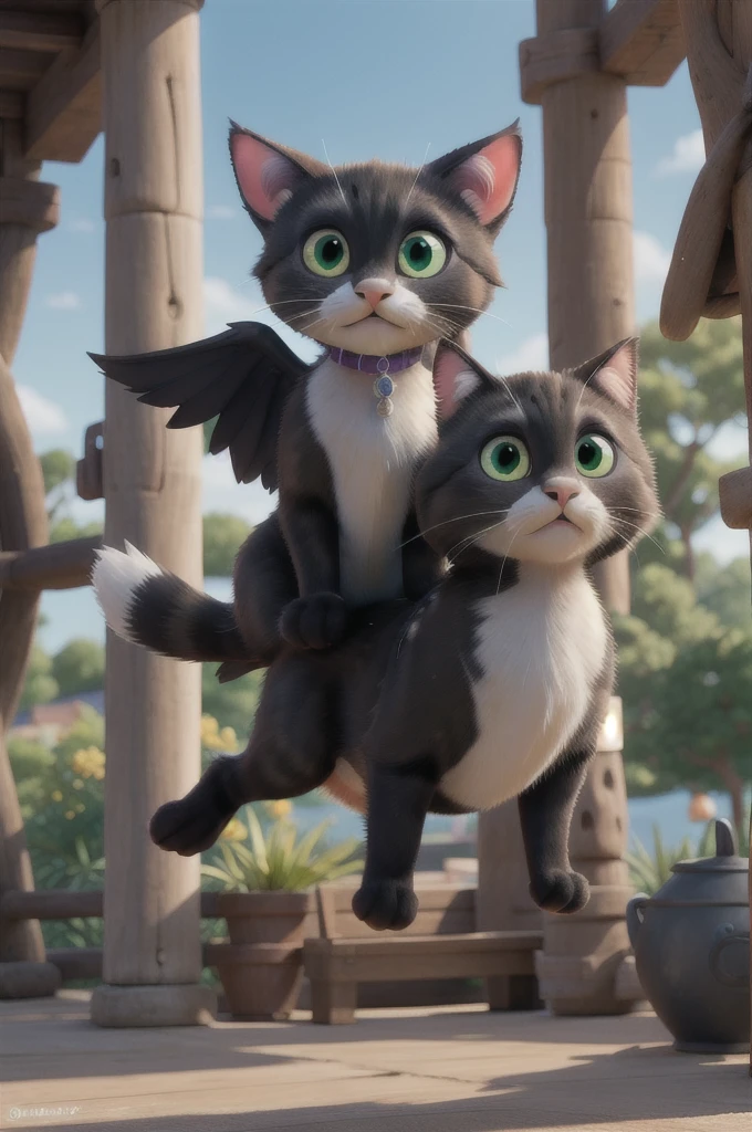 1 black cat with green eyes, detailed wings, flying among birds in a summer landscape, detailed trees, blue sky, best quality,4k,8k,highres,masterpiece:1.2,ultra-detailed,realistic,photorealistic,photo-realistic:1.37,HDR,UHD,studio lighting,ultra-fine painting,sharp focus,physically-based rendering,extreme detail description,professional,vivid colors,bokeh,fantasy,digital painting