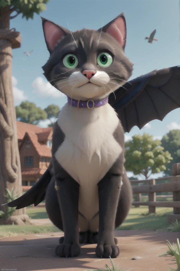 1 black cat with green eyes, detailed wings, flying among birds in a summer landscape, detailed trees, blue sky, best quality,4k,8k,highres,masterpiece:1.2,ultra-detailed,realistic,photorealistic,photo-realistic:1.37,HDR,UHD,studio lighting,ultra-fine painting,sharp focus,physically-based rendering,extreme detail description,professional,vivid colors,bokeh,fantasy,digital painting