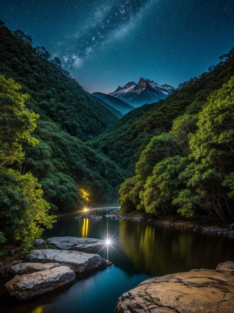 ### paisaje: Aether Valley
#### Geografia
O Aether Valley é uma vasta extensão de terra cercada por montanhas imponentes que parecem tocar o céu. These mountains are covered by dense forests of ancient trees., whose crowns form a dark green canopy. Entre as montanhas, there is a crystal clear river that winds through the valley, its waters shining with an ethereal light, reflecting the sky and stars, even during the day.
#### Flora
A vegetação do Aether Valley é rica e variada. The trees are huge and old, with thick trunks and deep roots. Between them, rare flowers grow that exude intoxicating fragrances and have vibrant colors. Some plants are bioluminescent, emitting a soft glow at night. Giant blue lilies grow on the banks of the river, its petals shining like sapphires in the moonlight.
#### Fauna The fauna of the valley is equally diverse. Magical and common creatures coexist in harmony. Majestic griffins can be seen flying over the mountains, while golden deer graze in the clearings. Little spirits of nature, fairy-like, float through the air, leaving a sparkling trail. no rio, fish with iridescent scales swim in schools, accompanied by freshwater dolphins that gracefully leap from the waters.
#### Clima
O clima no Aether Valley é temperado e ameno. during daytime, O sol brilha intensamente, but the cool breeze from the mountains keeps the temperature pleasant. at night, the temperature drops slightly, and the sky lights up with an infinite number of stars, no clouds to obscure the view. The gentle mist that covers the valley in the early morning hours disappears with the sunrise, revealing the beauty of the place.
#Elementos Místicos
O Aether Valley é permeado por uma energia mística, visible to the naked eye as a shimmering veil covering the earth. This energy influences flora and fauna, granting them magical properties. Ether Crystals, which are the source of this energy, can be found in hidden caves