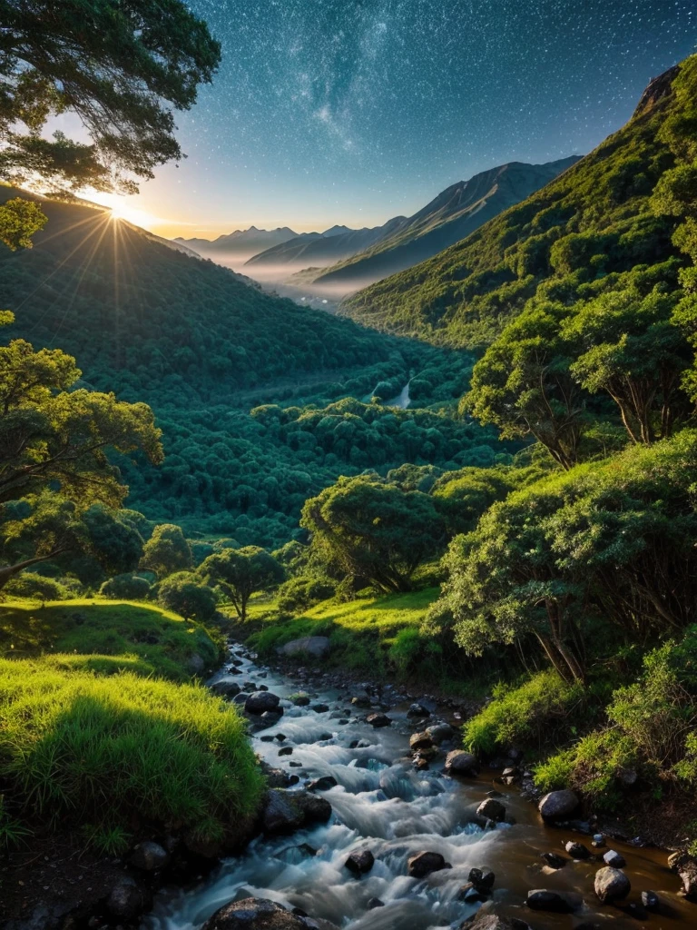 ### paisaje: Aether Valley
#### Geografia
O Aether Valley é uma vasta extensão de terra cercada por montanhas imponentes que parecem tocar o céu. These mountains are covered by dense forests of ancient trees., whose crowns form a dark green canopy. Entre as montanhas, there is a crystal clear river that winds through the valley, its waters shining with an ethereal light, reflecting the sky and stars, even during the day.
#### Flora
A vegetação do Aether Valley é rica e variada. The trees are huge and old, with thick trunks and deep roots. Between them, rare flowers grow that exude intoxicating fragrances and have vibrant colors. Some plants are bioluminescent, emitting a soft glow at night. Giant blue lilies grow on the banks of the river, its petals shining like sapphires in the moonlight.
#### Fauna The fauna of the valley is equally diverse. Magical and common creatures coexist in harmony. Majestic griffins can be seen flying over the mountains, while golden deer graze in the clearings. Little spirits of nature, fairy-like, float through the air, leaving a sparkling trail. no rio, fish with iridescent scales swim in schools, accompanied by freshwater dolphins that gracefully leap from the waters.
#### Clima
O clima no Aether Valley é temperado e ameno. during daytime, O sol brilha intensamente, but the cool breeze from the mountains keeps the temperature pleasant. at night, the temperature drops slightly, and the sky lights up with an infinite number of stars, no clouds to obscure the view. The gentle mist that covers the valley in the early morning hours disappears with the sunrise, revealing the beauty of the place.
#Elementos Místicos
O Aether Valley é permeado por uma energia mística, visible to the naked eye as a shimmering veil covering the earth. This energy influences flora and fauna, granting them magical properties. Ether Crystals, which are the source of this energy, can be found in hidden caves