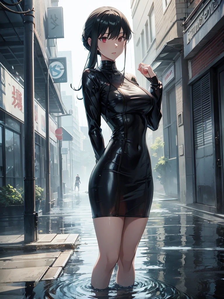 Yor foger form spy x family anime, 1woman, wearing a wet dress, little transparent due to rain water, standing at rain, wet clothes , yor's hair style, 8k, high detailed, high quality