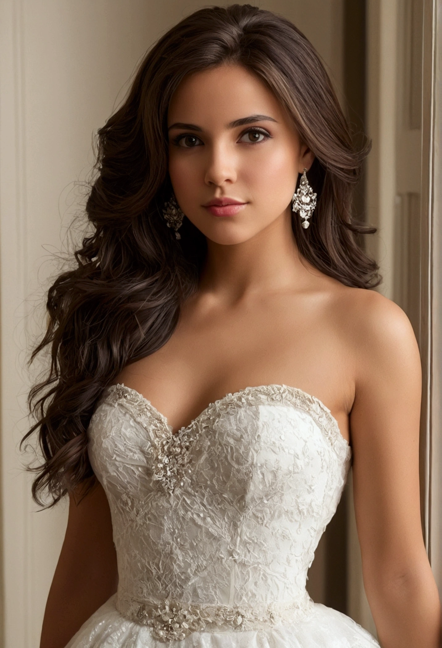 ((best quality)), ((masterpiece)), (detailed), I need an image of a sexy and innocent girl for my selling profiles that calls attention and brings new costumers, she has to be brunet with a mix of french and Spanish in a full body scale with a dress and the picture has to be very persuasive but not too naked so women can buy in my profile