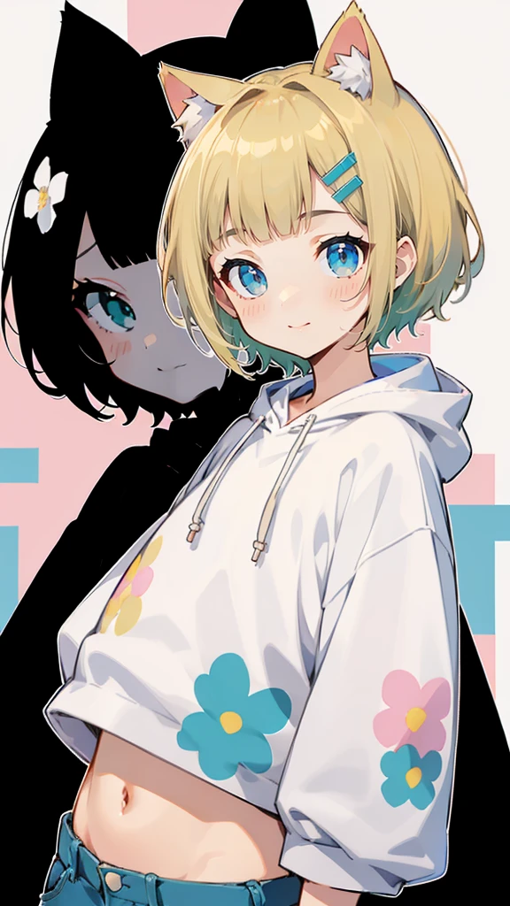 ピンク色のShort sleeveパーカー、Short sleeve、Denim shorts、Belly button、Blonde Hair、ピンク色のShort sleeveパーカー、大きなFlower Hair Ornaments、Belly button、An unprecedented number of draws、Flower Hair Ornaments、Floral Hair Accessories、Blonde、Cat ear、ピンク色のShort sleeveパーカー、high quality、Colorful color palette、high resolution、pretty girl、 Pink hoodie、An unprecedented number of draws、Anime Style、Geometric background、Sticker Style、short hair、Blonde、Turquoise Eyes, Messy Hair, Pink hoodie、髪と同じ色のCat ear、front, Hands posing, Until death, Bondage, Baggy clothes